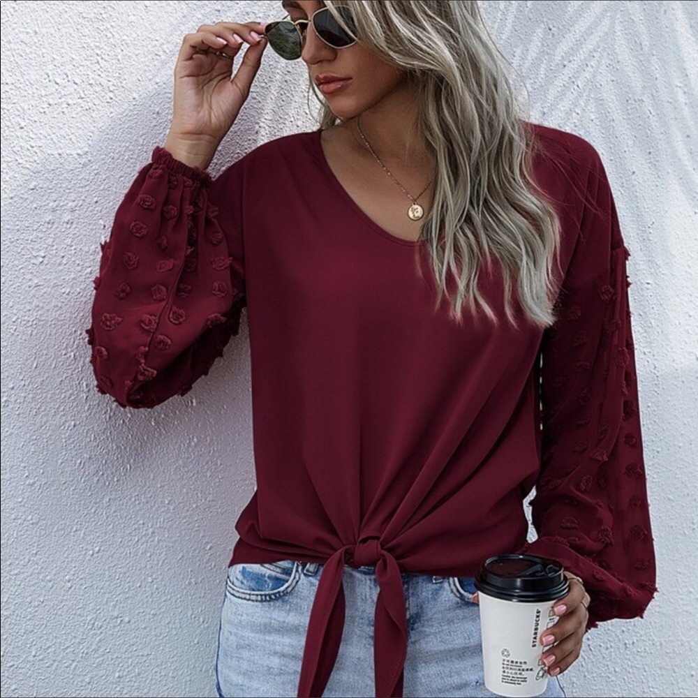 FINAL MARK-DOWN BURGUNDY CONTRAST SLEEVE TOP - Picture 3 of 7